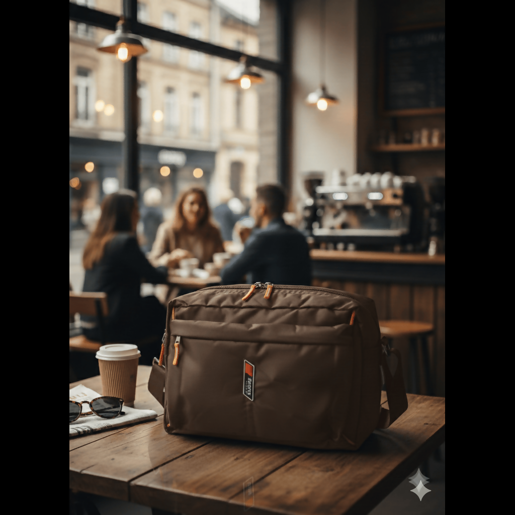 Adjustable webbed nylon strap attached to durable messenger bag for commuting