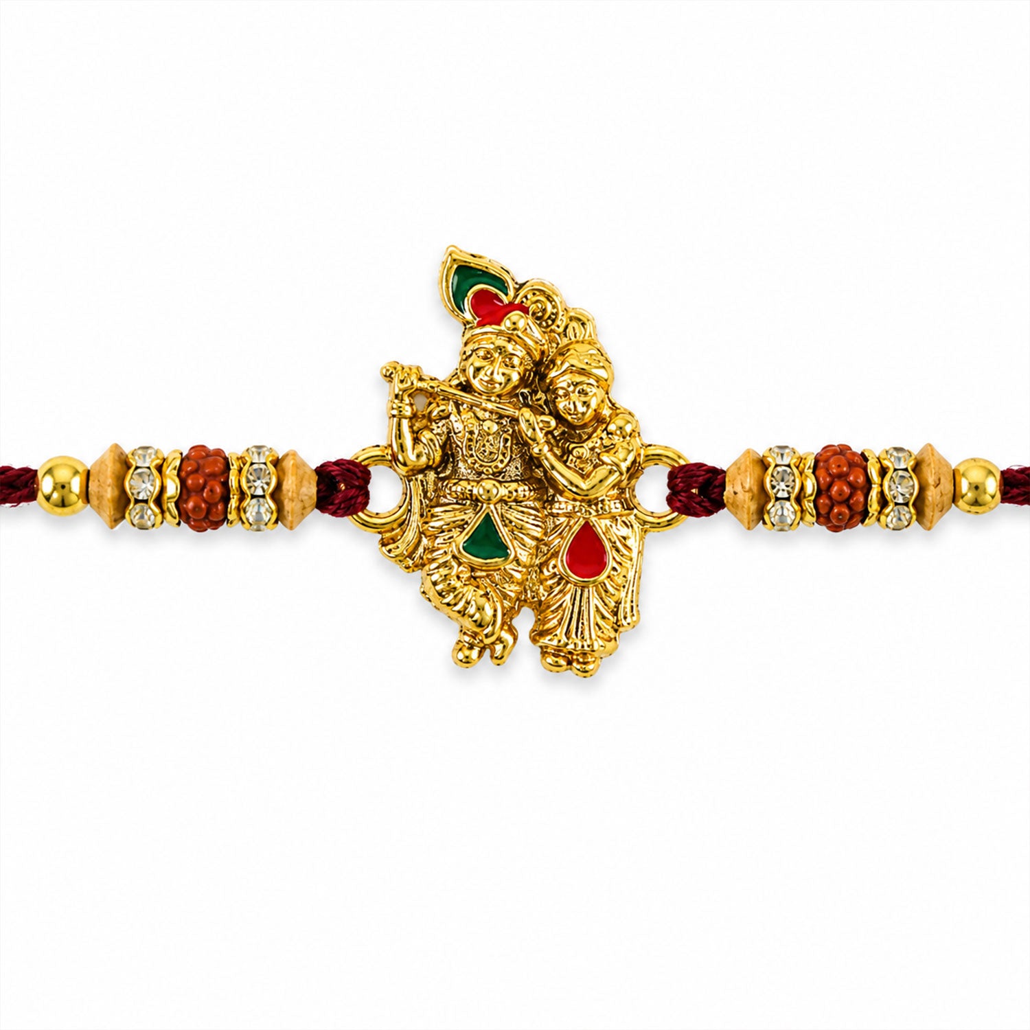 Radha Krishna Golden Devotional Rakhi with Couple Idol Centre and Color Stones