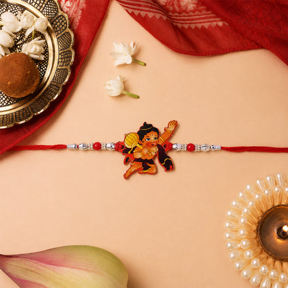 Little Hanuman Rakhi with Red Thread and Silver Bead Chain