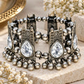 Oxidised Silver Clear CZ Baloya Bangle with Openable Broad Cuff & Ghungroo Charms