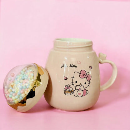 Side view of ceramic mug with colorful printed design and dome lid