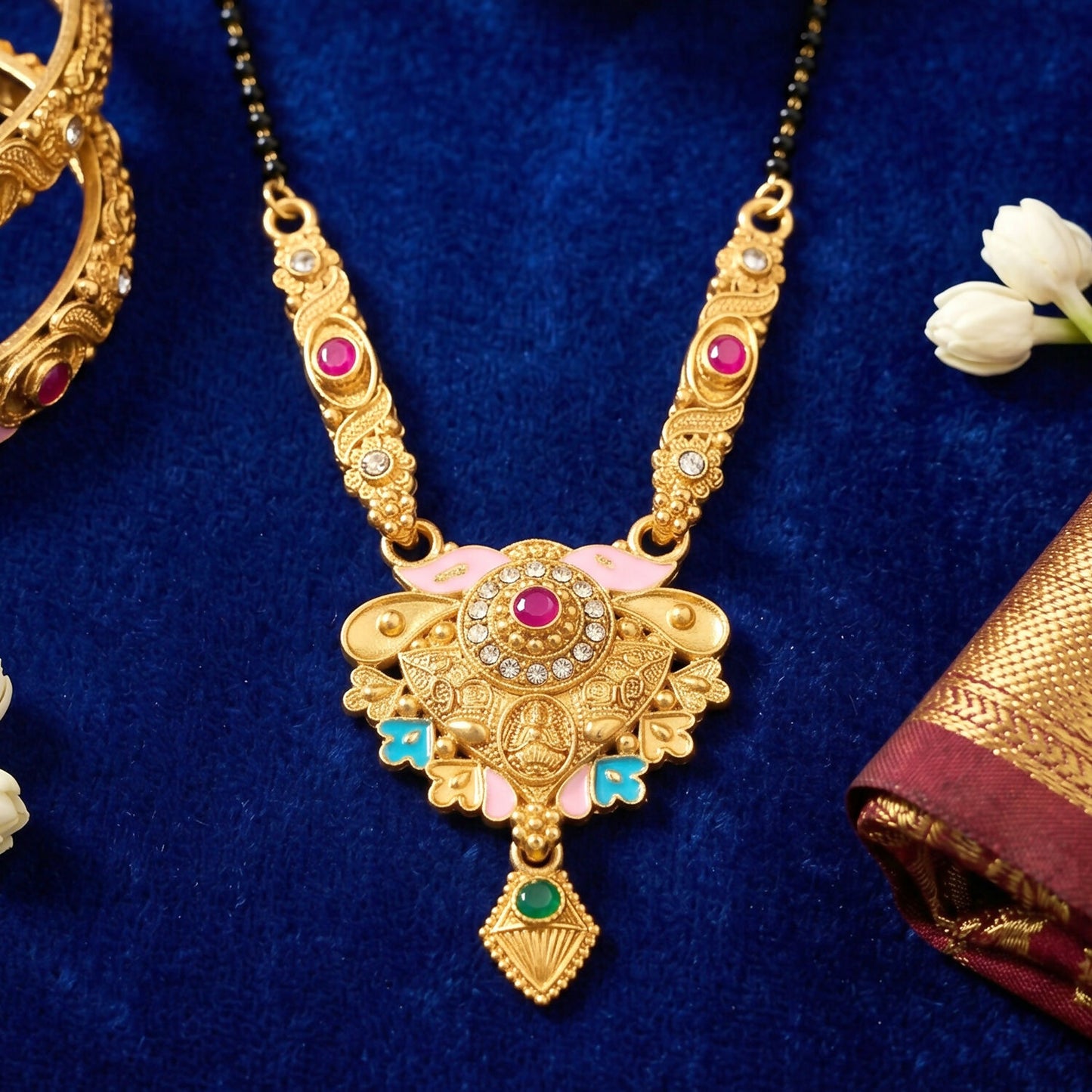 Antique Finish Meenakari Floral Fan Pendant Short Single Strand Mangalsutra