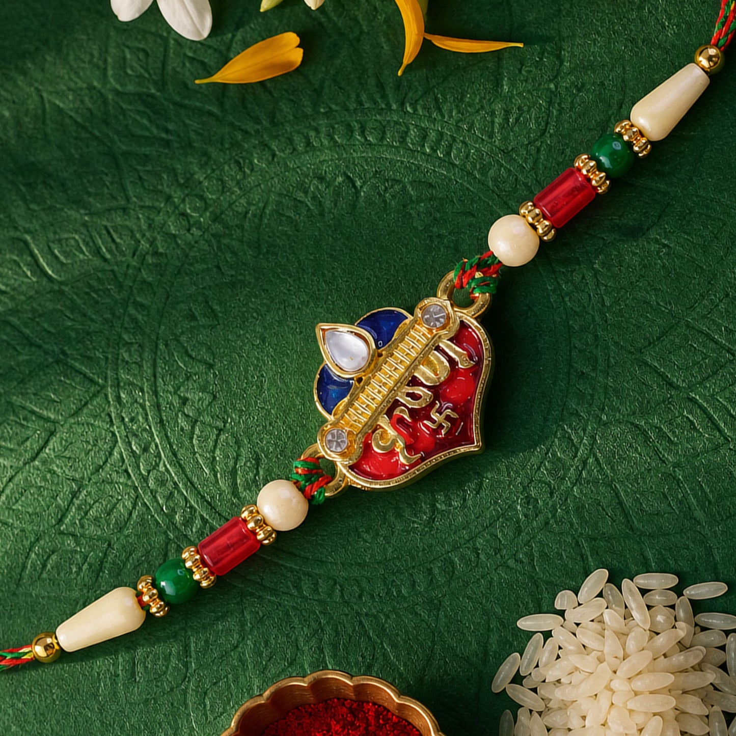 Elegant Rakhi featuring Ram Heart Plaque and ornate work in display look for Gift Use
