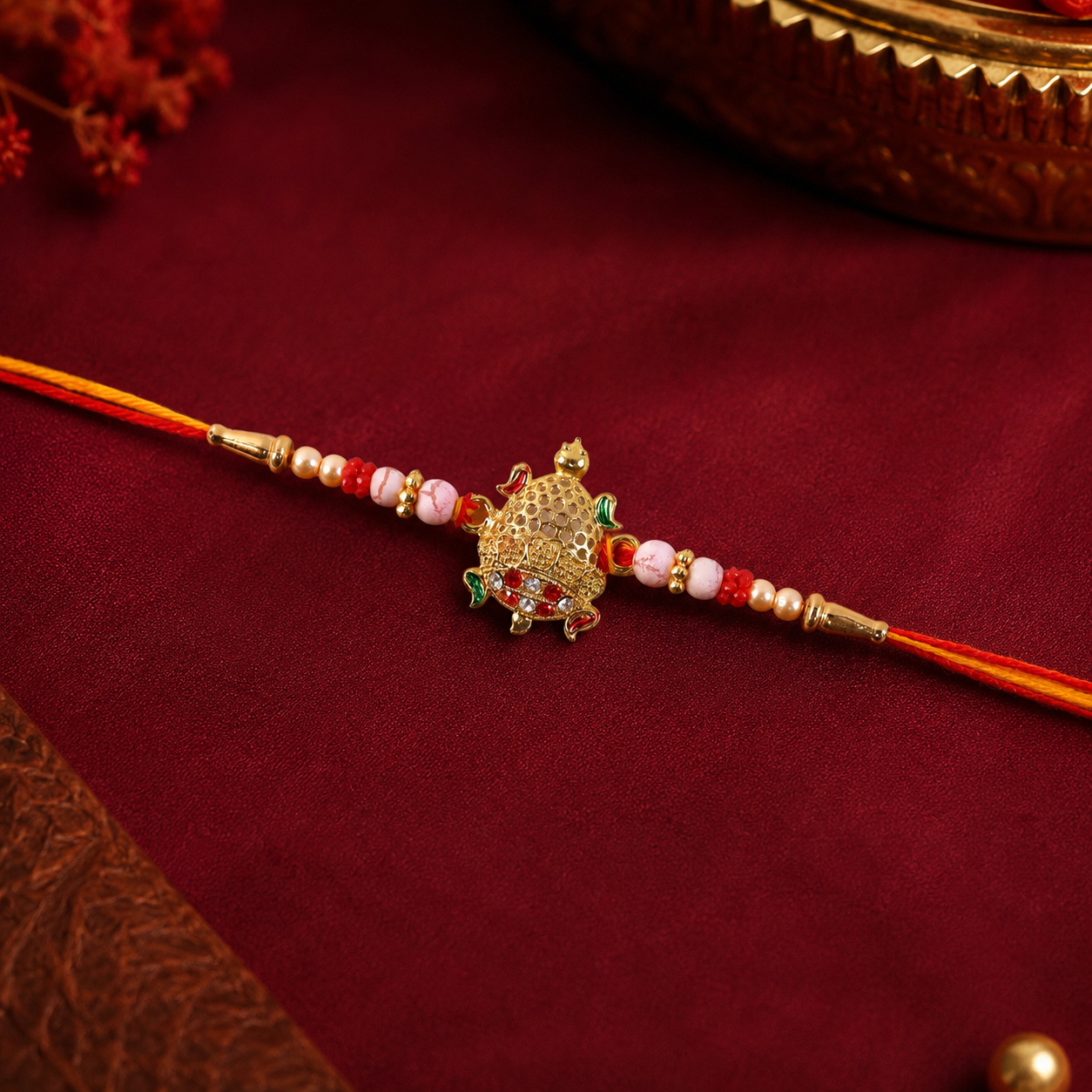Gold Turtle Rakhi with Pink Pearls and Red Thread