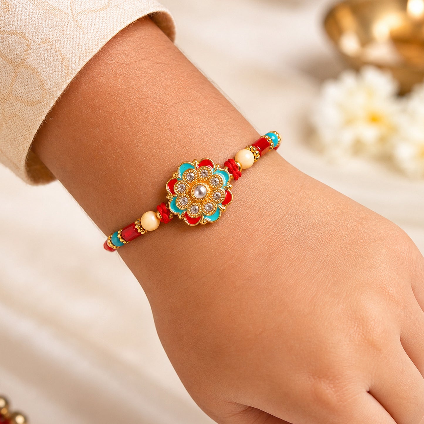 Festive Rakhi with Floral Rosette and crystal accents in bead line for Raksha Bandhan