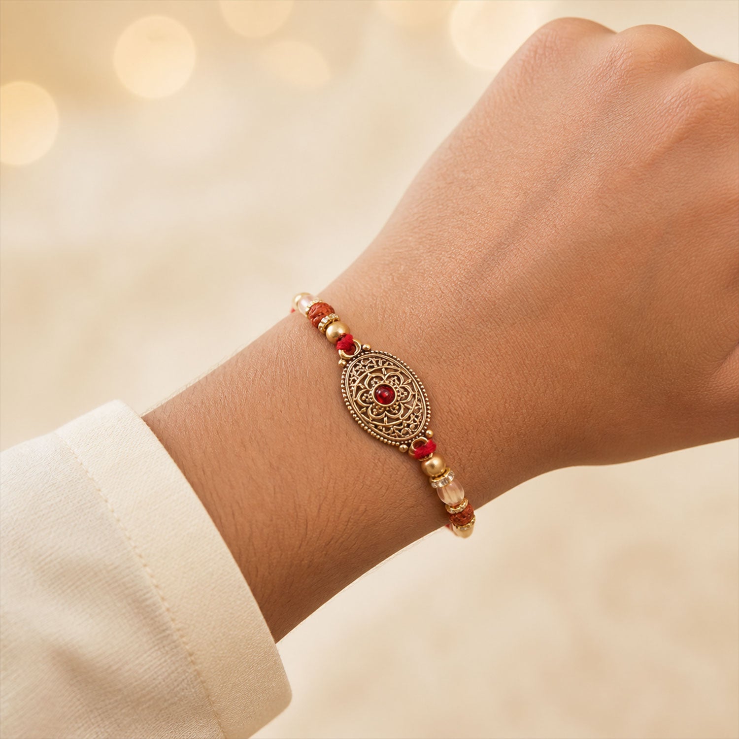 Oxidized Gold Oval Pendant Rakhi with Red Stone and Rudraksha Beads