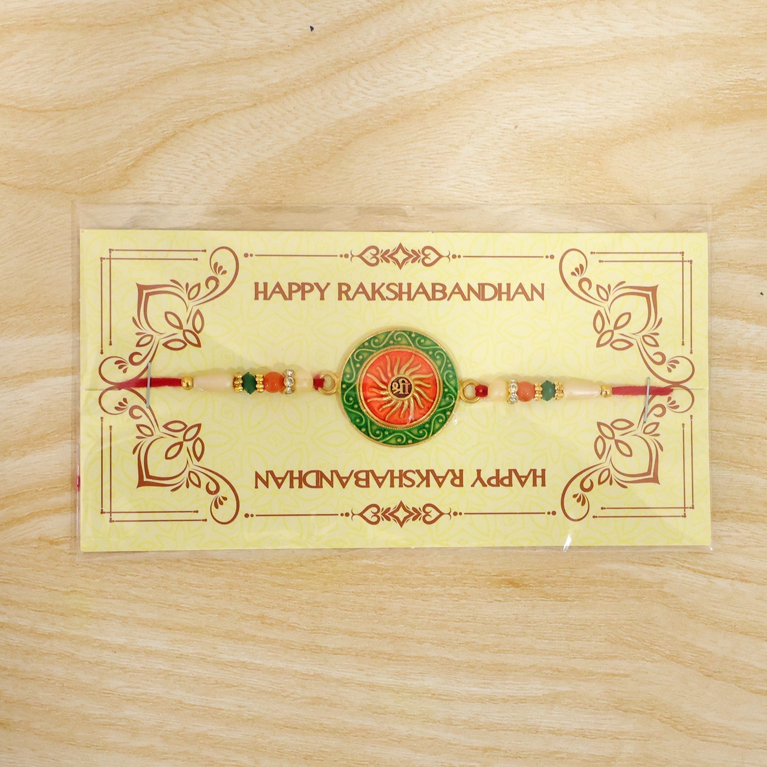 Round Shree Motif Designer Rakhi with Beaded Festive Detailing Work (5pcs)
