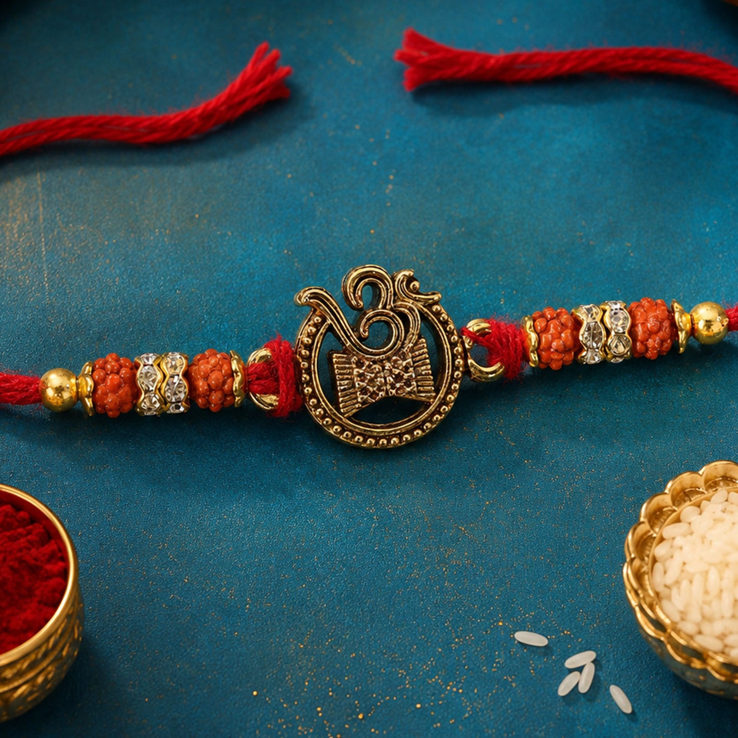 Om Damru Trishul Devotional Rakhi with Golden Centre, Orange Beads and Red Thread