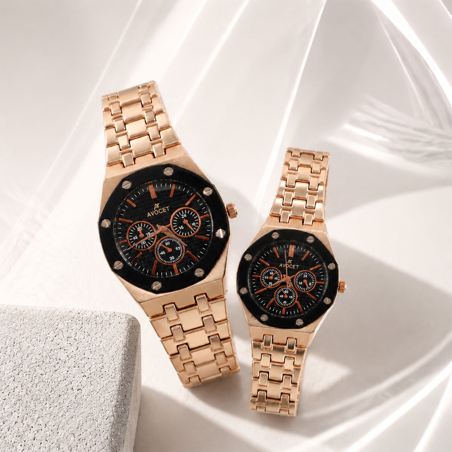 Rose Gold Couple Watch Set with Black Dial Chronograph Style Metal Strap