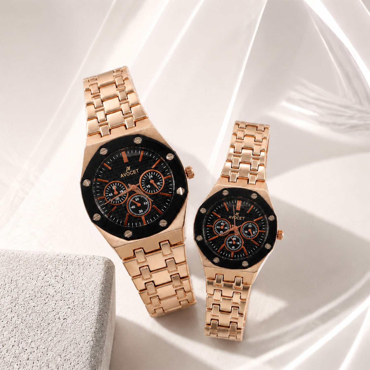 Rose Gold Couple Watch Set with Black Dial Chronograph Style Metal Strap