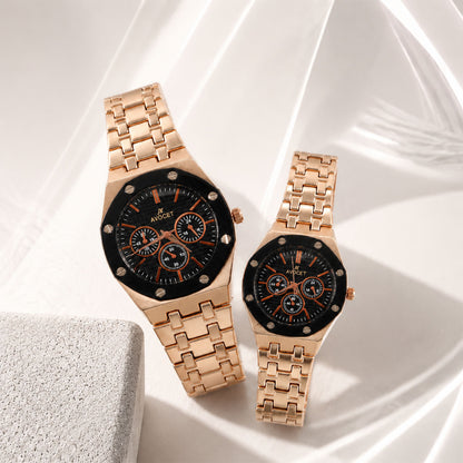 Rose Gold Couple Watch Set with Black Dial Chronograph Style Metal Strap