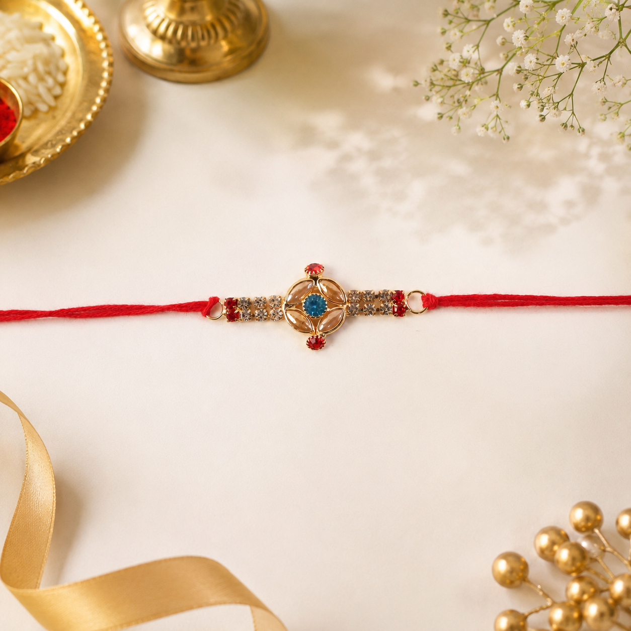 Tiny Oval Stone Rakhi with Red Thread and Delicate Gold Beads