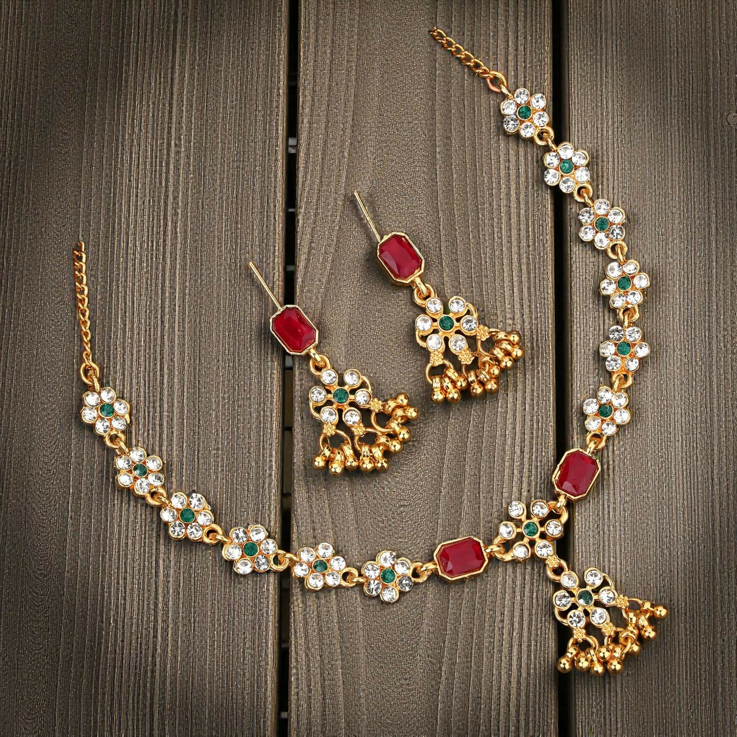 Romantic Rose Gold Ruby Red Crystal Heart Necklace Set