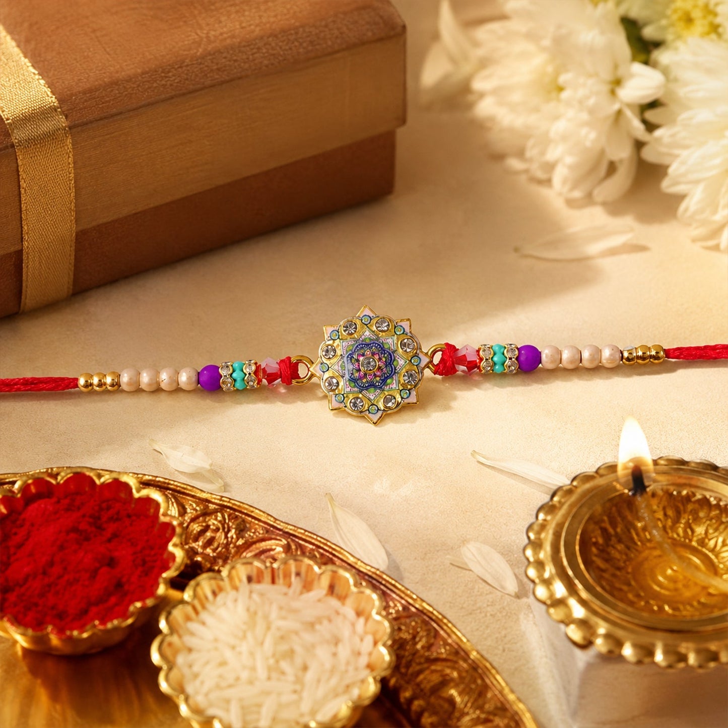Rakhi for Brother Floral Mandala Enamel Gold Tone Design (10pcs)