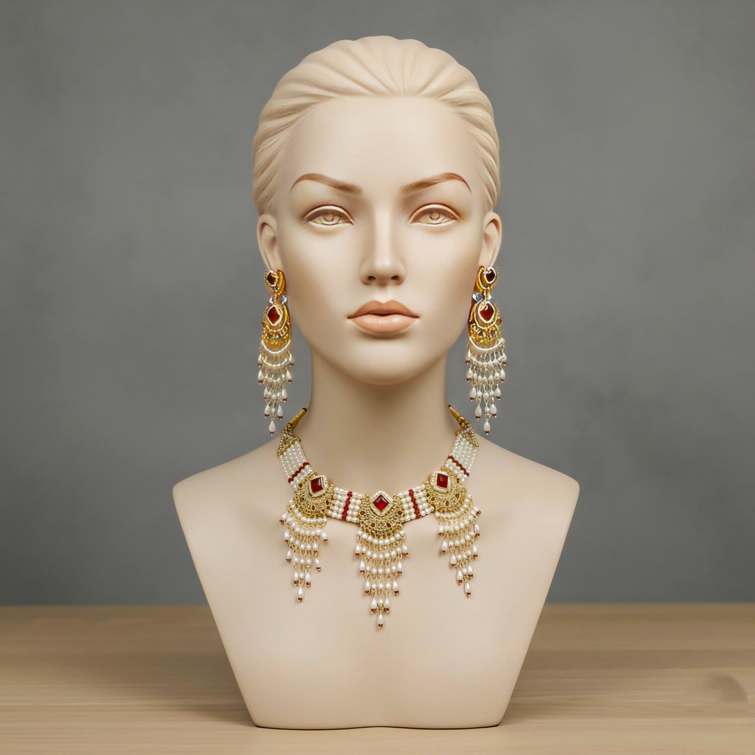 Radiant Ruby & Pearl Chandbali Choker Set with Matching Statement Earrings