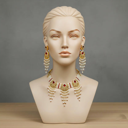 Radiant Ruby & Pearl Chandbali Choker Set with Matching Statement Earrings