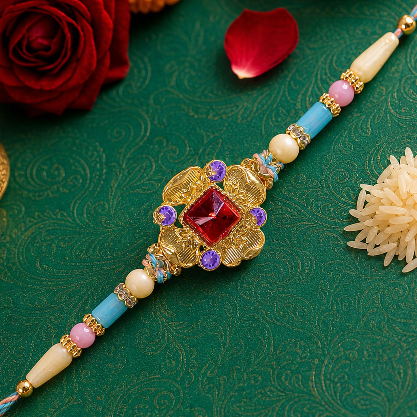 Ornate Rakhi showcasing Square Crystal Charm, gift finish and chain look for Gift Use
