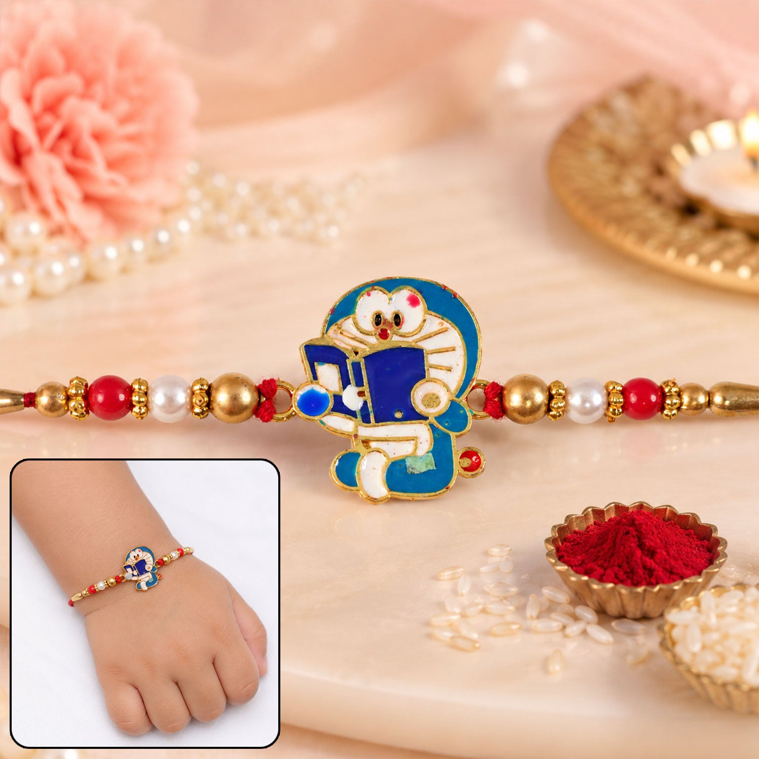 Doraemon Kids Rakhi with Red Gold Beads and Playful Blue Charm