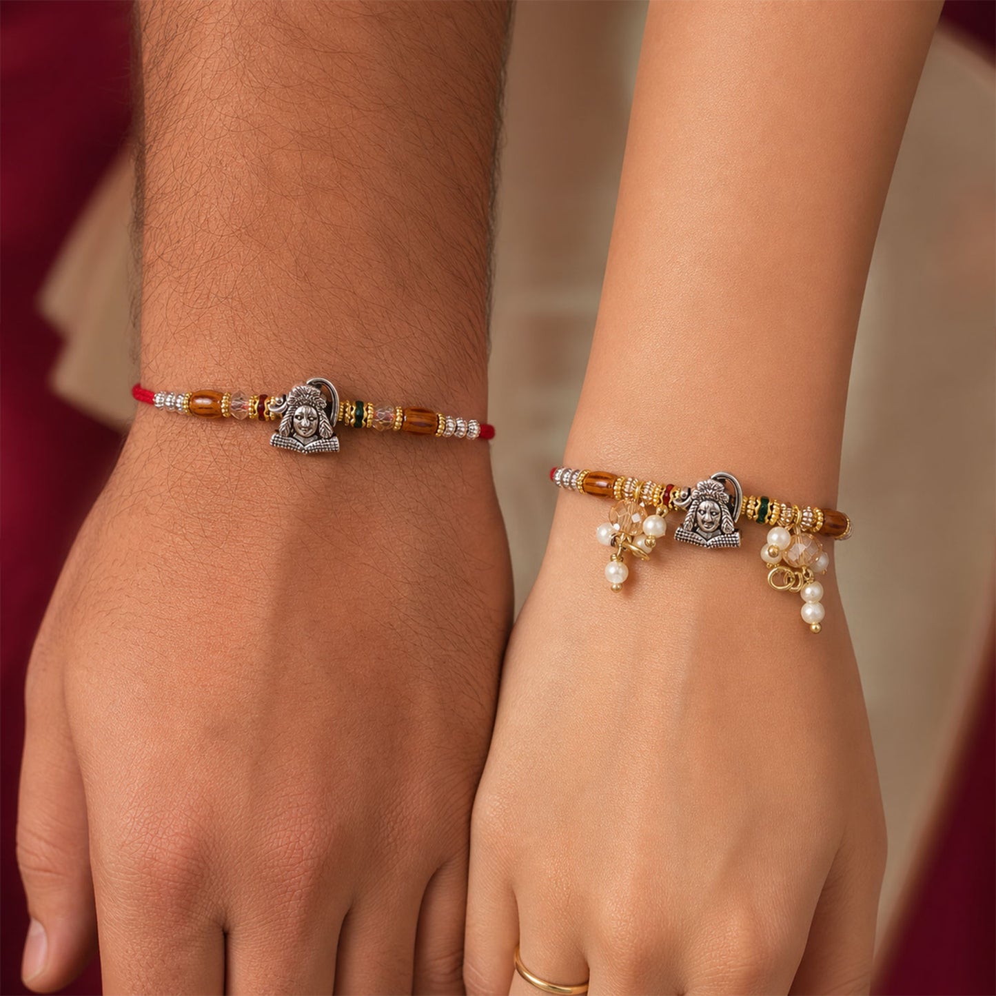 Antique Krishna Couple Rakhi Set with Wooden Beads and Pearl Lumba for Bhaiya Bhabhi