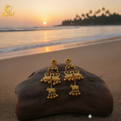 Antique Gold-Plated Red & Green Stone Tribal Drop Earrings with Cow Earrings
