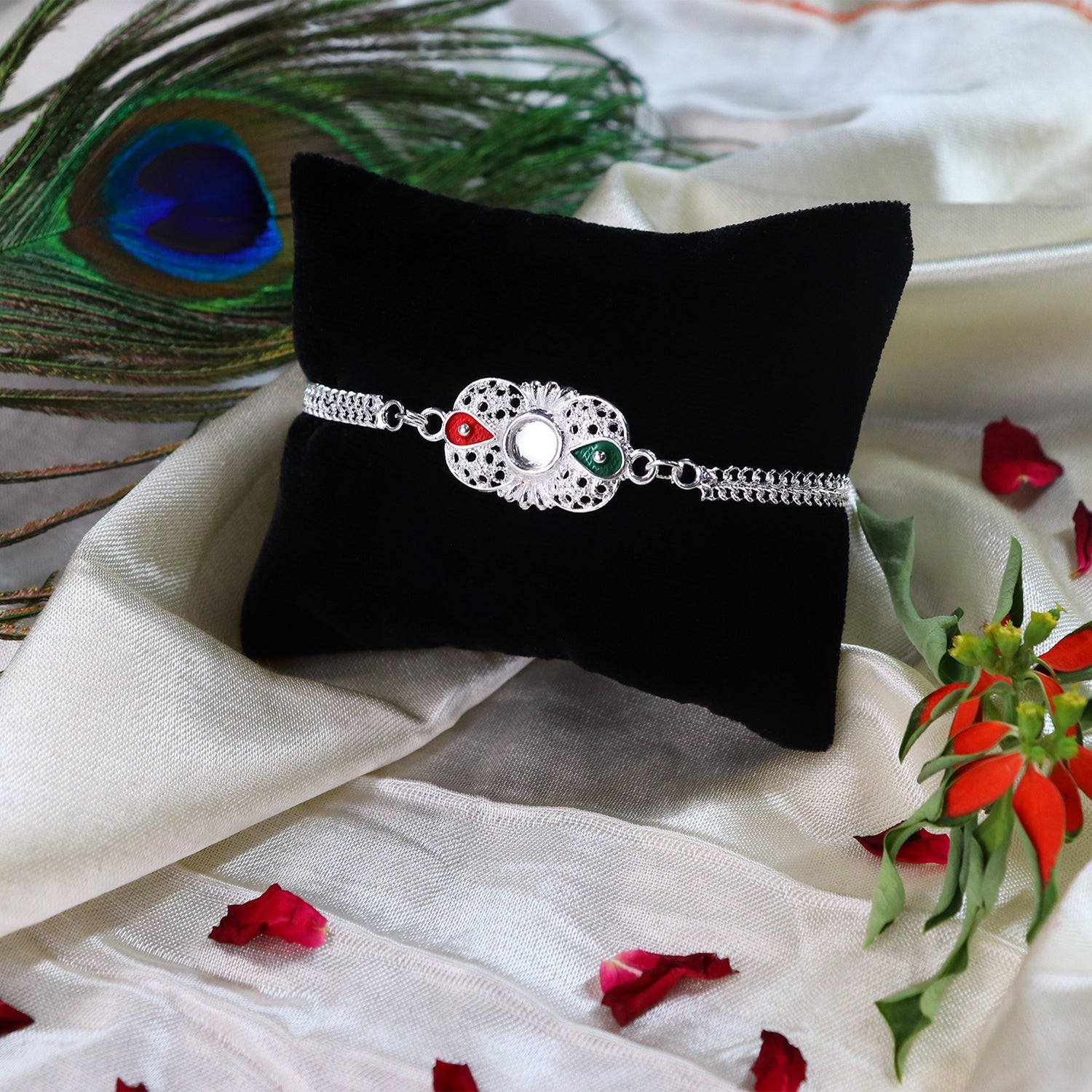 Silver Rakhi Enamel Mirror Stone Design for Brother (10pcs)