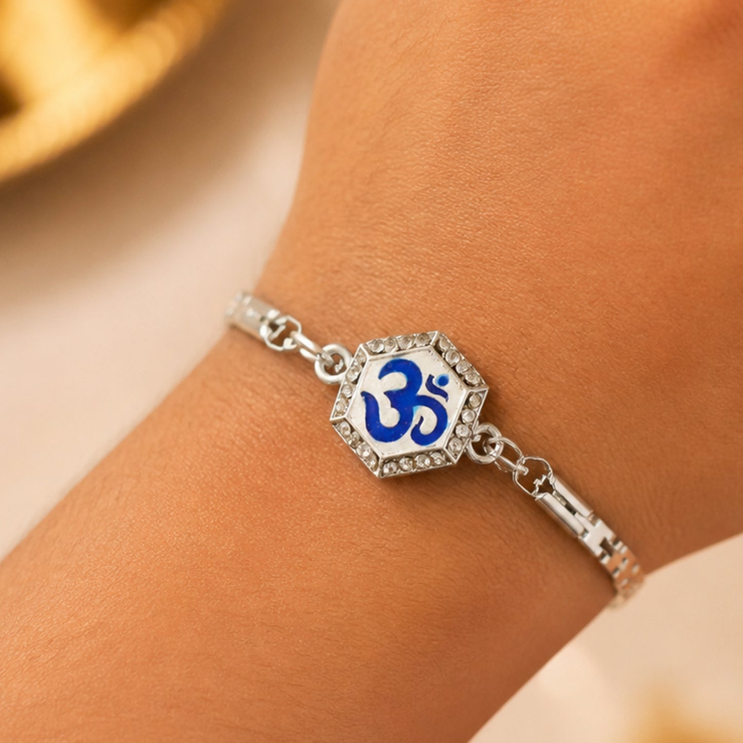 Om Charm Crystal Studded Enamel Silver Chain Designer Rakhi