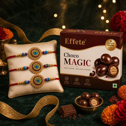Circular Peacock Eye Meenakari Rakhi with Choco Magic, Pack of 3