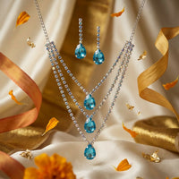 Aqua Blue Teardrop Crystal Layered Necklace & Earrings Set Silver Party Jewellery