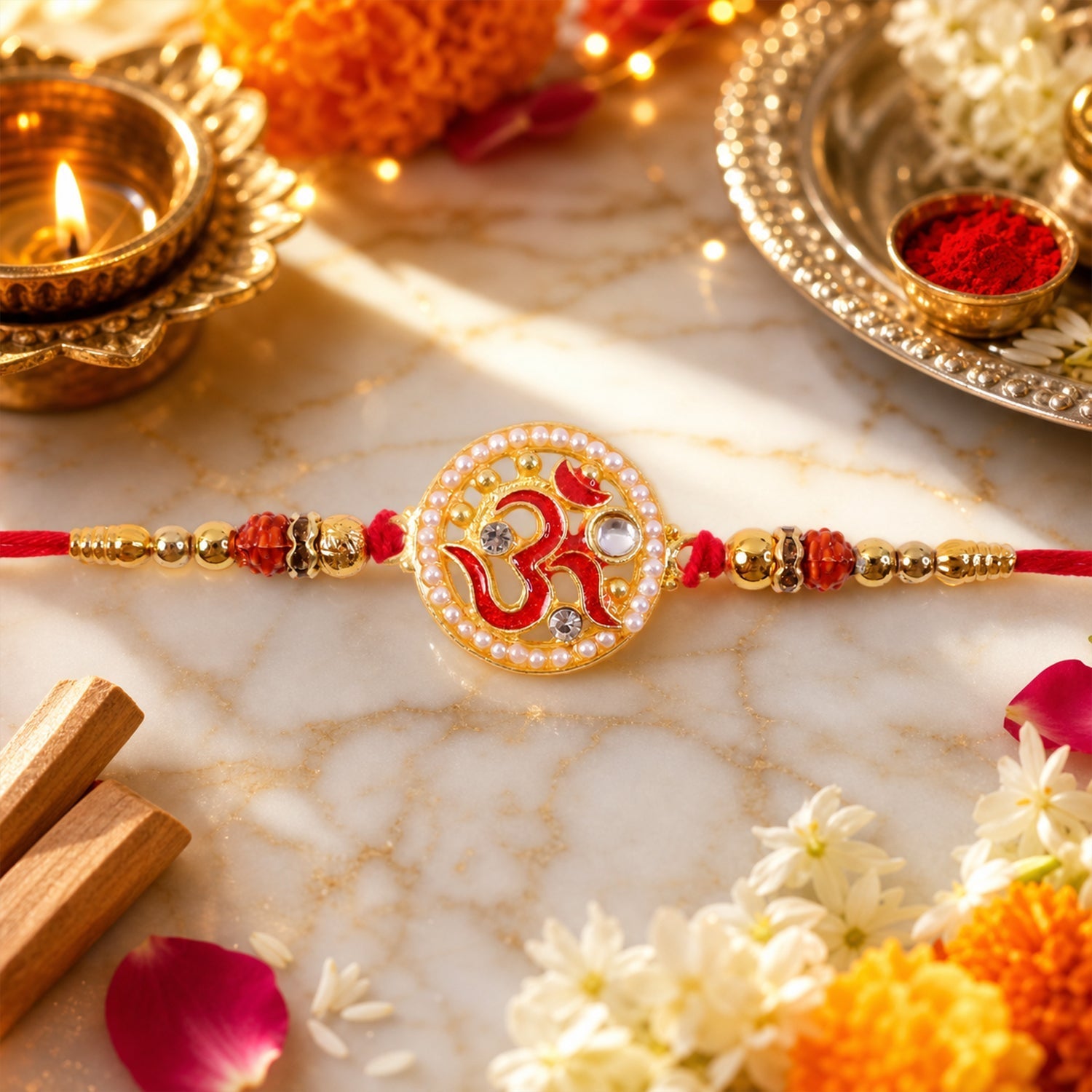 Om Pearl Kundan Beaded Rakhi for Brother (5pcs)