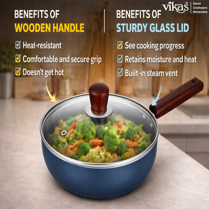 Vikas Ceramic Frypan with Glass Lid and Wooden Handle Grey front view