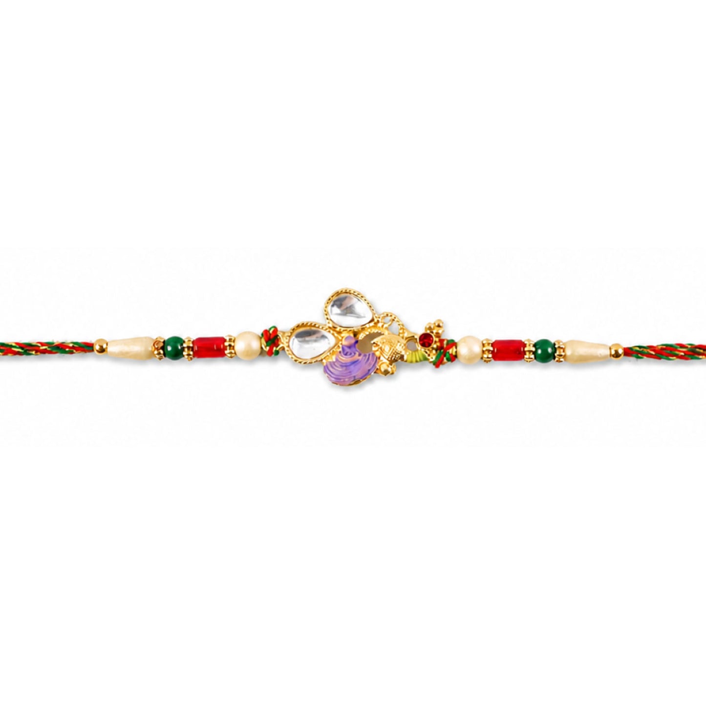 Floral Kundan Pendant Rakhi with Purple Peacock Accent