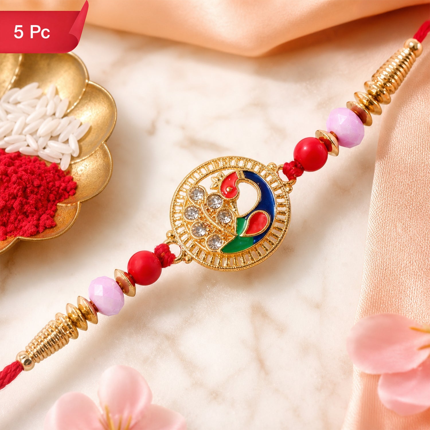 Premium Round Peacock Rakhi with Pearl Beads and Sacred Charm Design (5pcs)