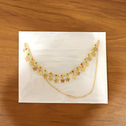 Gold Charm Necklace with Colorful Stones & Butterfly Drops