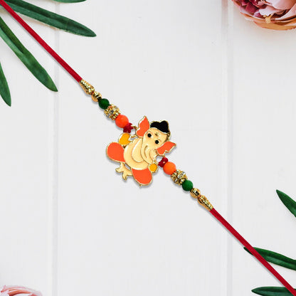 Bal Ganesha Rakhi Vibrant Orange-Green Beads & Red Thread (5pcs)