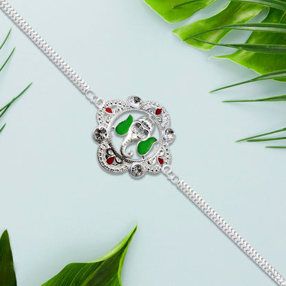 Ganesh Motif Rakhi Elegant Silver Chain Green Enamel (5pcs)