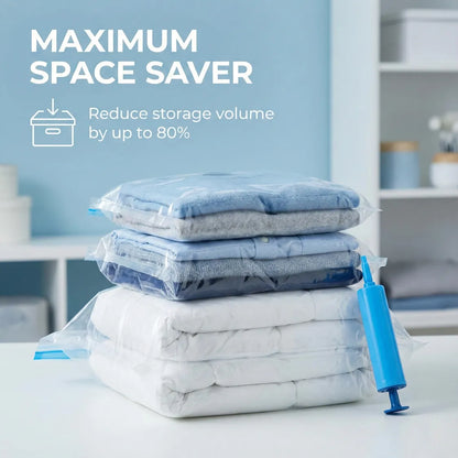 Vacuum Storage Bags with Suction Pump & Shirt clips - Vacuum Bags - Big Capacity Vacuum Seal Bags for Travel Clothes Blankets Pillows, Compression Bags | Space Saver Vacuum Storage Bags (5 Pcs Set)