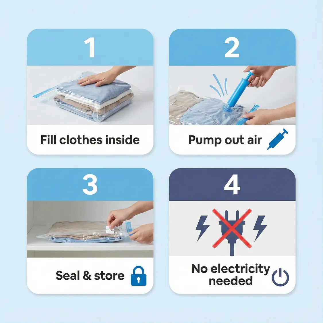 Vacuum Storage Bags with Suction Pump & Shirt clips - Vacuum Bags - Big Capacity Vacuum Seal Bags for Travel Clothes Blankets Pillows, Compression Bags | Space Saver Vacuum Storage Bags (5 Pcs Set)