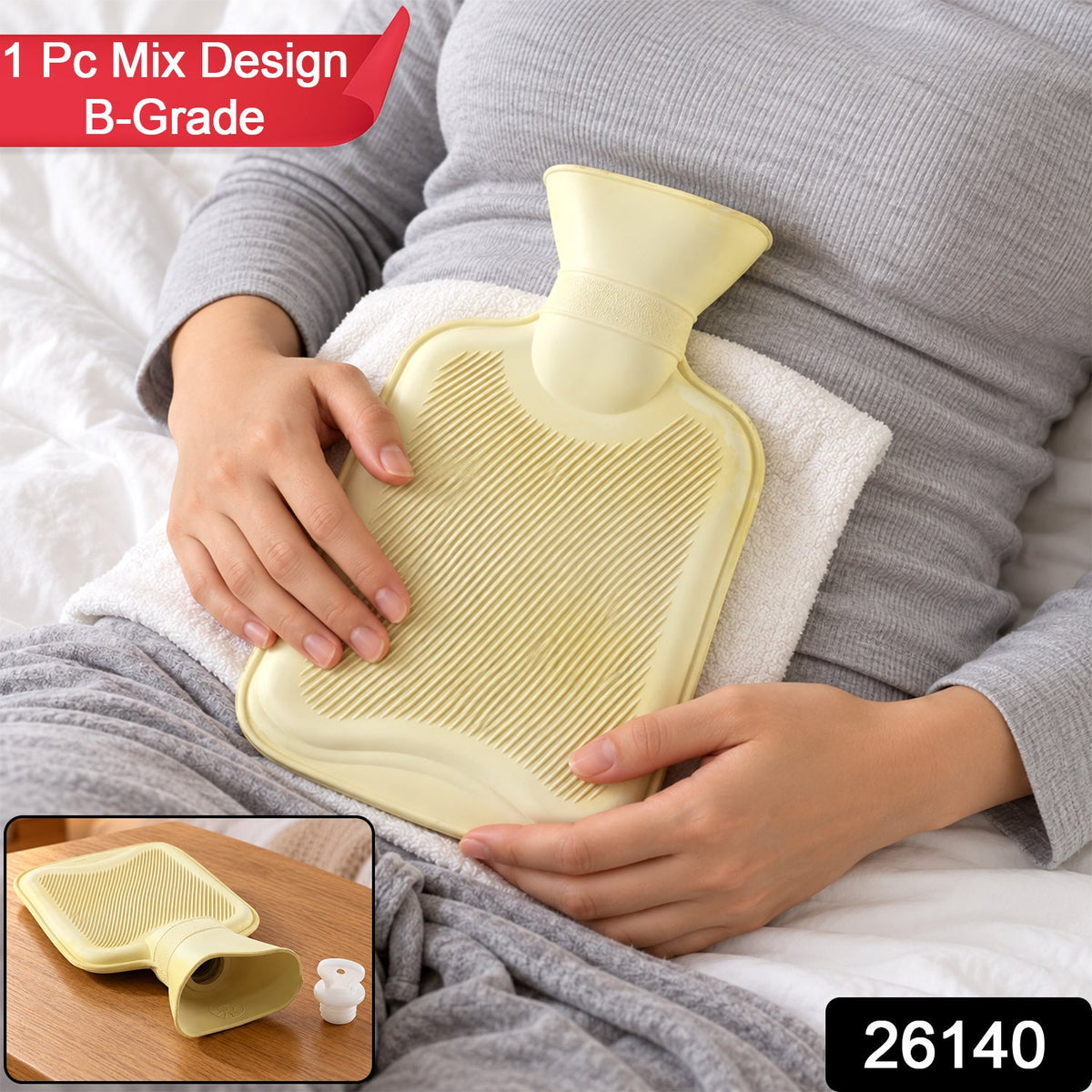 Yellow hot water bag with cap removed, revealing the opening