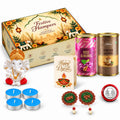 Diwali Gift Hamper with Coffee Almonds & Rose Almonds, Ganesha Idol, Tealights & Decor