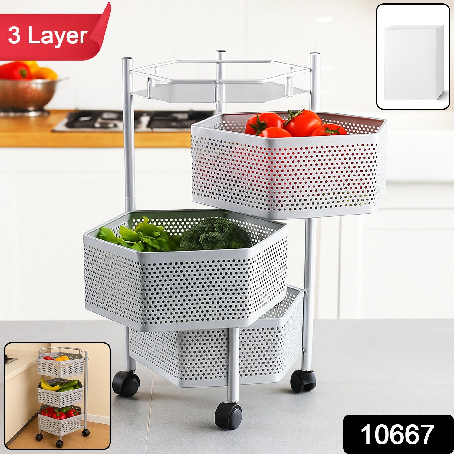 Premium 3-Layer Hexagon Kitchen Storage Trolley with Wheels (1 Pc)