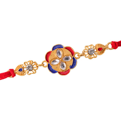 Ornate Rakhi with Floral Medallion, multicolor stones and display look for Gift Use