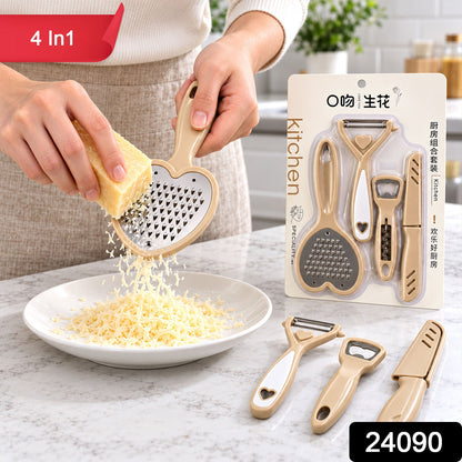 A person grates cheese with the heart-shaped grater, while the packaged set and individual tools are arranged on a marble
