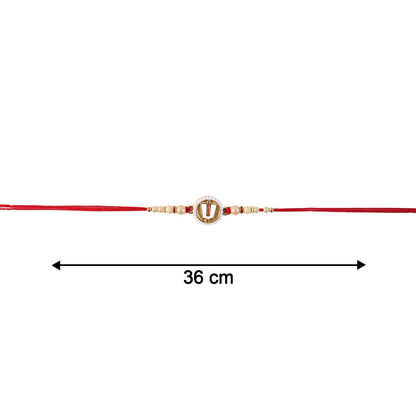 A red devotional thread with a central white and gold charm is shown on a white background, with a 36 cm measurement