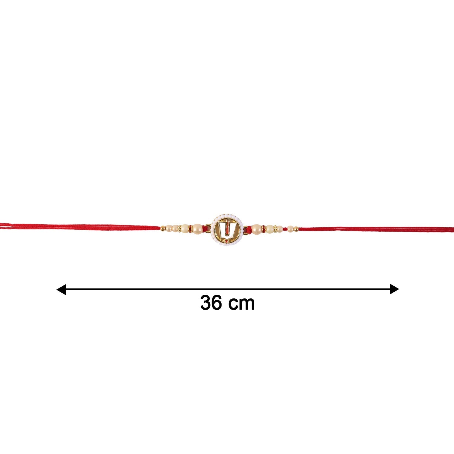 A red string bracelet with a central gold U-shaped charm, bordered by white and gold beads, is shown on a plain white