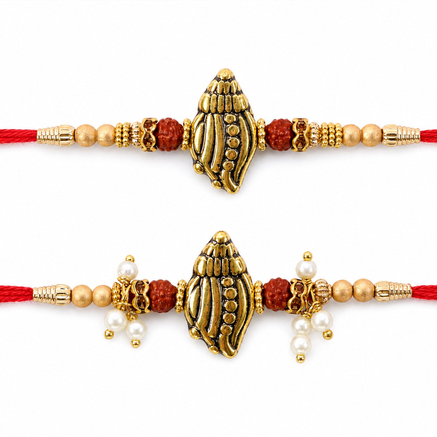 Antique Paisley Couple Rakhi Set with Rudraksha Beads and Pearl Lumba Charm Design
