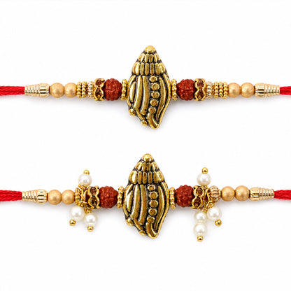 Antique Paisley Couple Rakhi Set with Rudraksha Beads and Pearl Lumba Charm Design