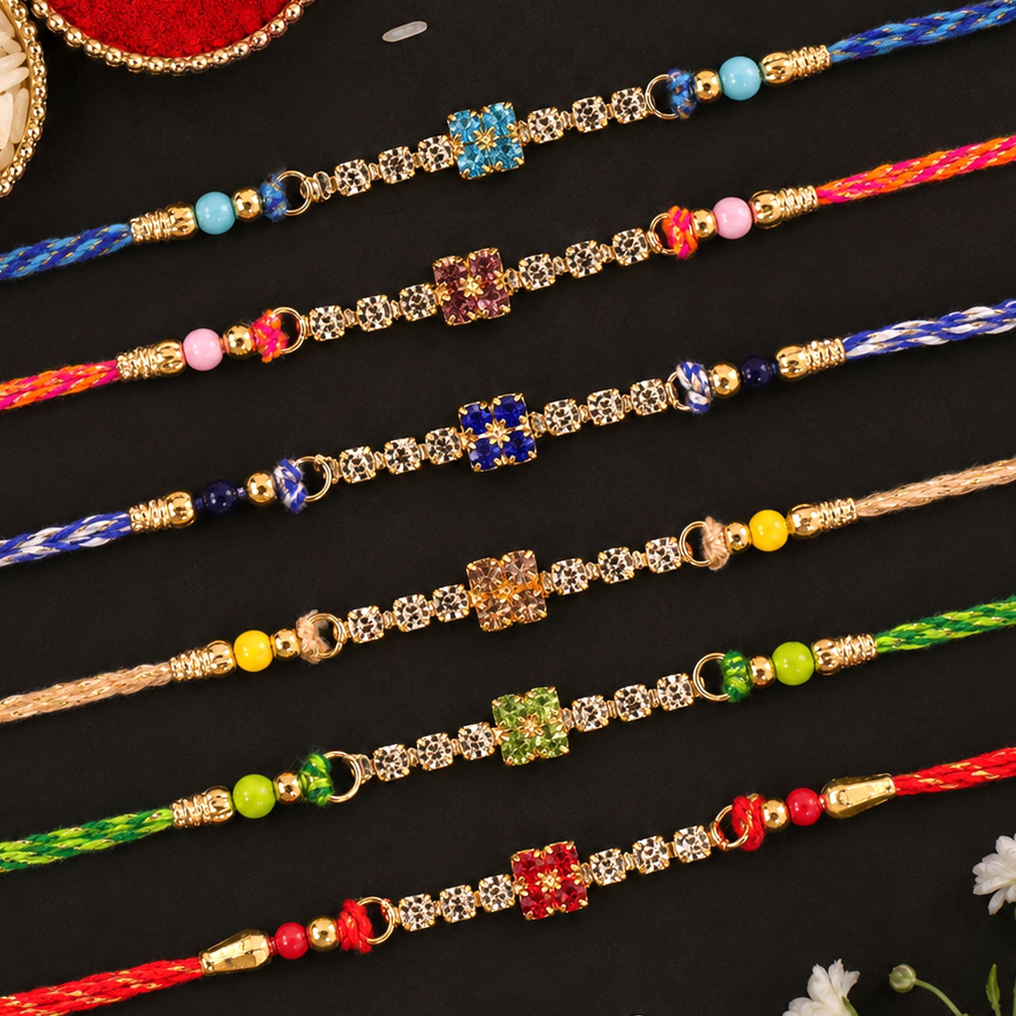 Square Motif Stone Band Rakhi in Mix Colour Threads (Pack of 6)
