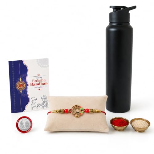 Peacock Rakhi Combo - Raksha Bandhan Gift with Sports Bottle 1000ml, Pack of 5 for Bhaiya
