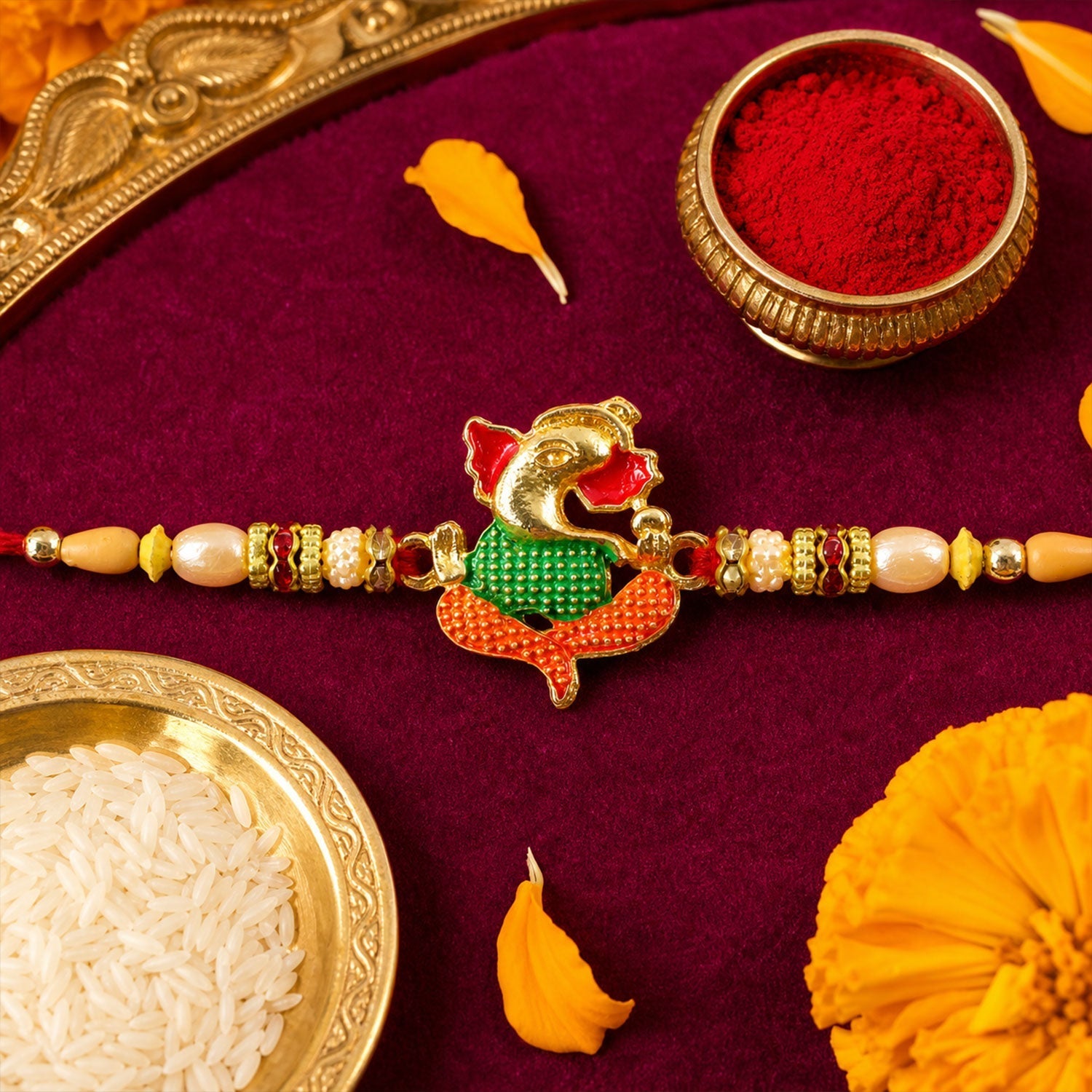 Ganesha Charm Designer Rakhi with Beaded Traditional Accent Work (10pcs)