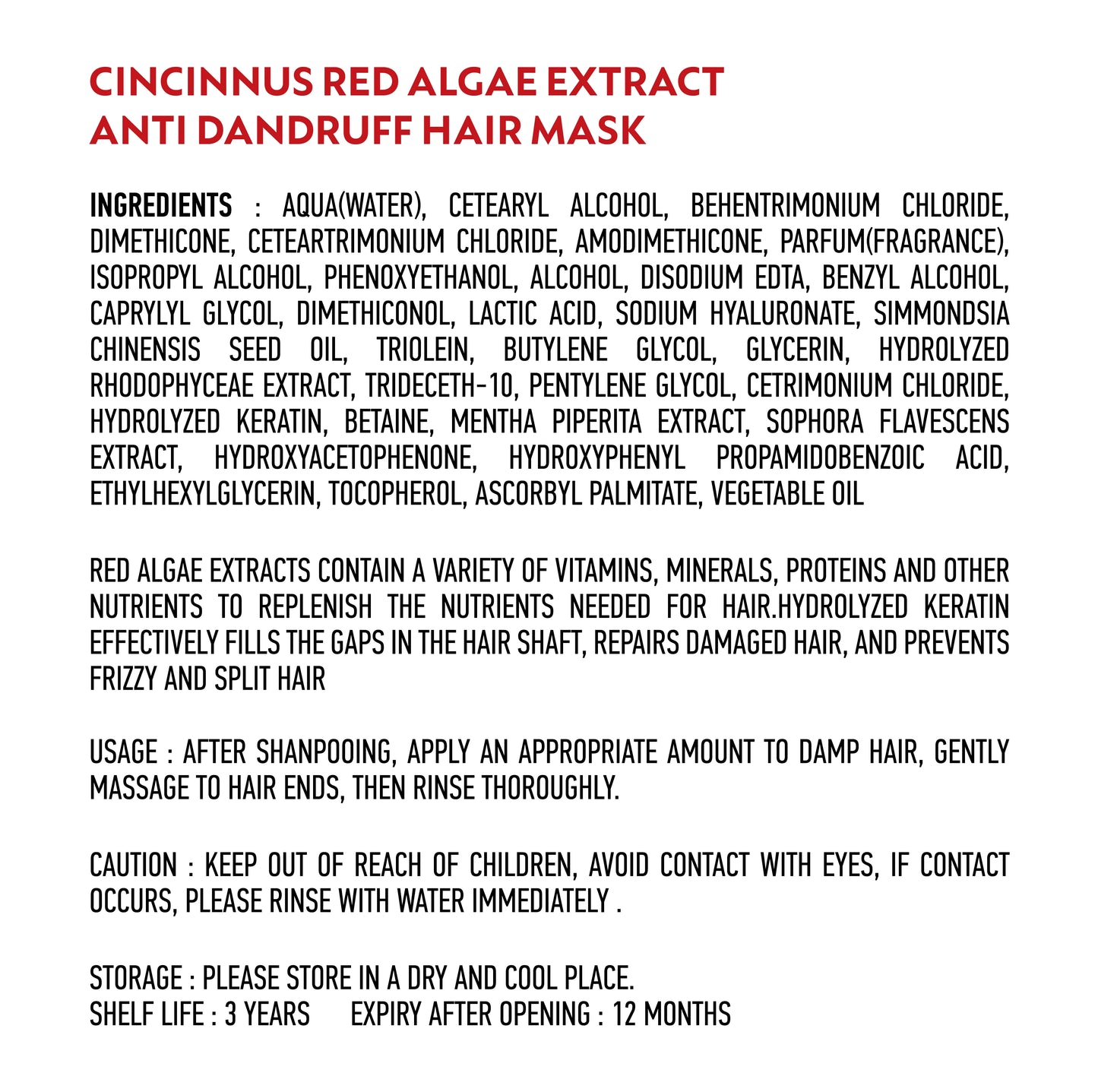 Product display of red algae hair mask highlighting its natural ingredients